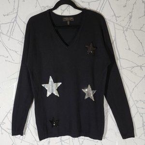 Tocco D'Oro Black Knit Stars Sequin V-Neck Sweater